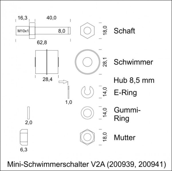 Mini interrupteur à flotteur acier inoxydable V2A Inverseur